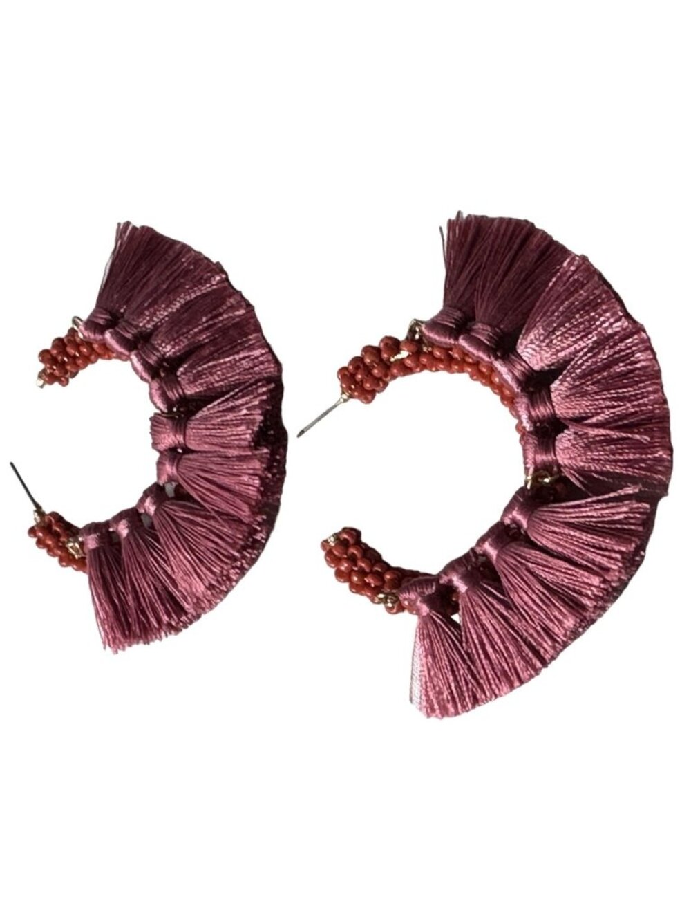 Boho Chic Fan Fringe Earrings Hoop Mauve Pink Tassel Bead Statement Bold Summer
